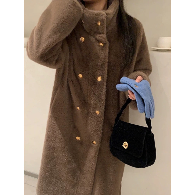겨울 새로운 더블 브레스트 영국 스타일 수직 칼라 모조 밍크 모피 원피스 모피 코트 여성의 젊은 트렌디 코트