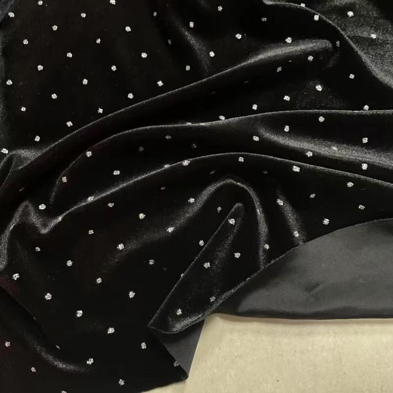 韩国绒感钻烫滴塑烫金植绒布竖条圆点银女装柔软舒适布料