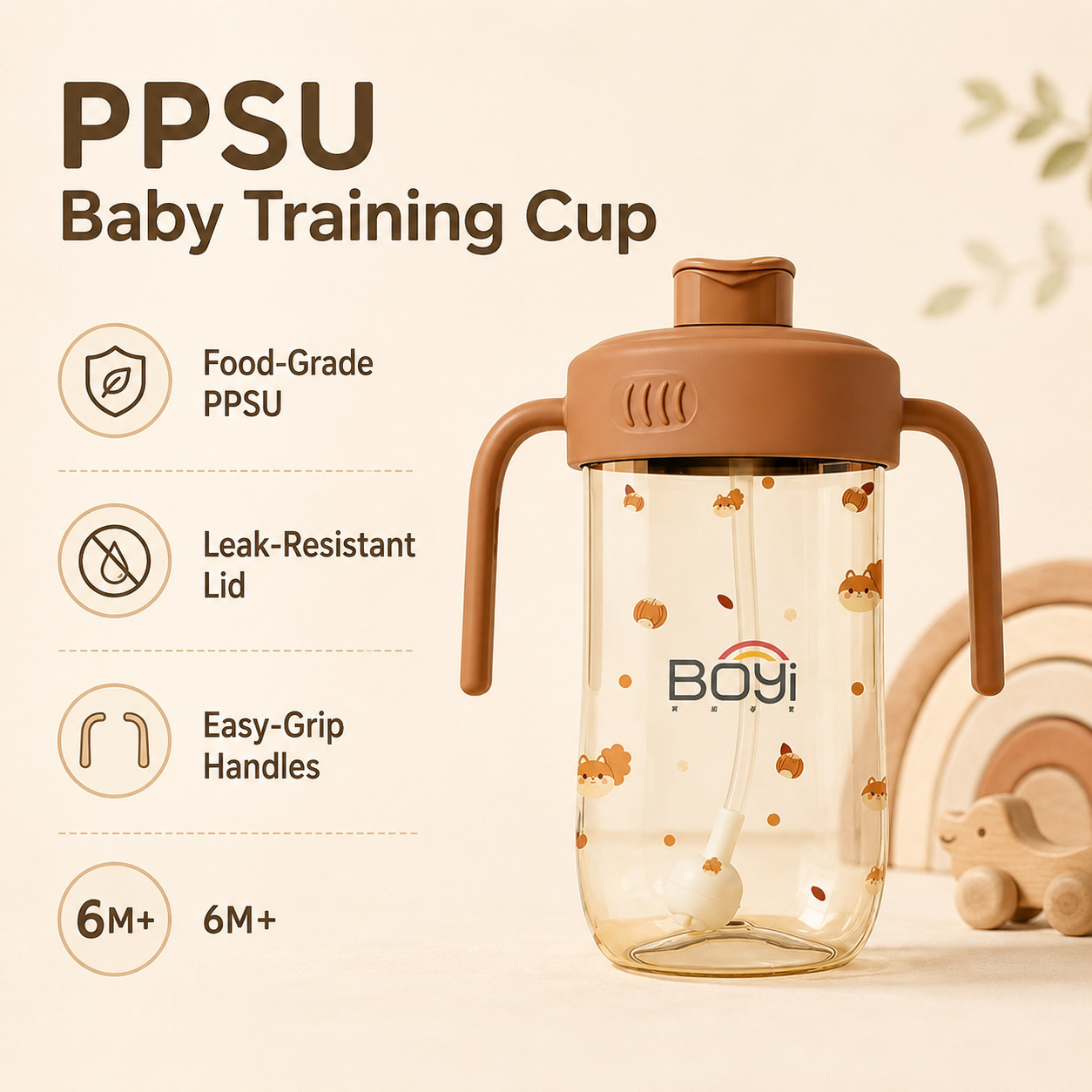 Biberón de Aprendizaje 300ml de PPSU con Asas de Boca Ancha para Bebés image 1
