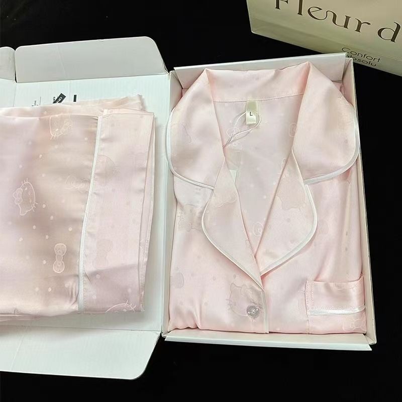 여성이 밖에서 입을 수 있는 인기 있는 여름 잠옷, 모조 실크 아이스 실크 자카드 만화 고양이 반팔 가정복 세트