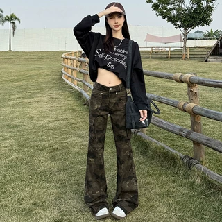 美式迷彩微喇工装裤男女2025春季新款多口袋低腰辣妹显瘦休闲喇叭