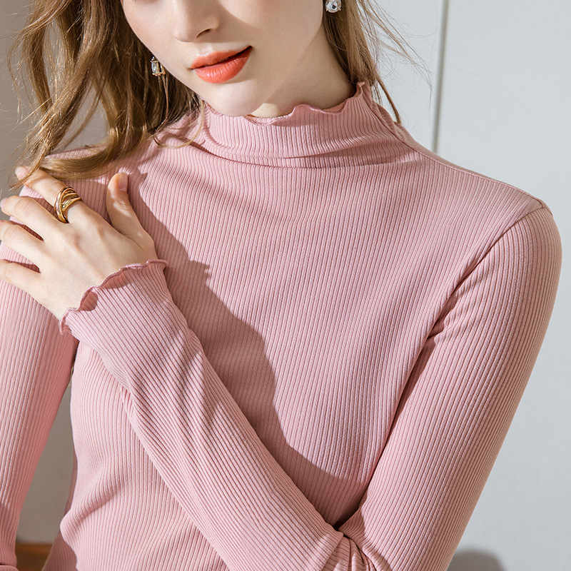 Camiseta interior modal para mujer, cuello medio alto, ropa de mujer 2024, efecto rejuvenecedor, borde con volantes, ropa interior para otoño e invierno, top ajustado a la cintura con mangas con volantes.
