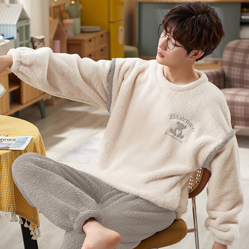 가을과 겨울 플란넬 잠옷 남성용 두꺼운 기모 따뜻한 한국식 산호 양털 세트 학생들을위한 봄 집 옷