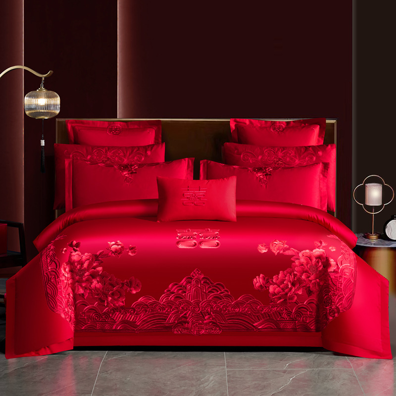 algodón molido de alta gama, bordado de bodas, algodón puro, cuatro piezas, ropa de cama de boda roja, lujo ligero