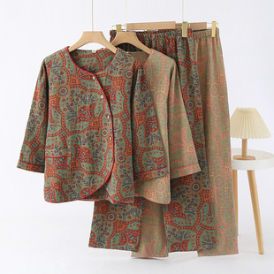 New Summer Thin New Chinese Style National Style Pure Cotton Gauze Women's Spring and Autumn Cotton Outer Wearing Home Suit