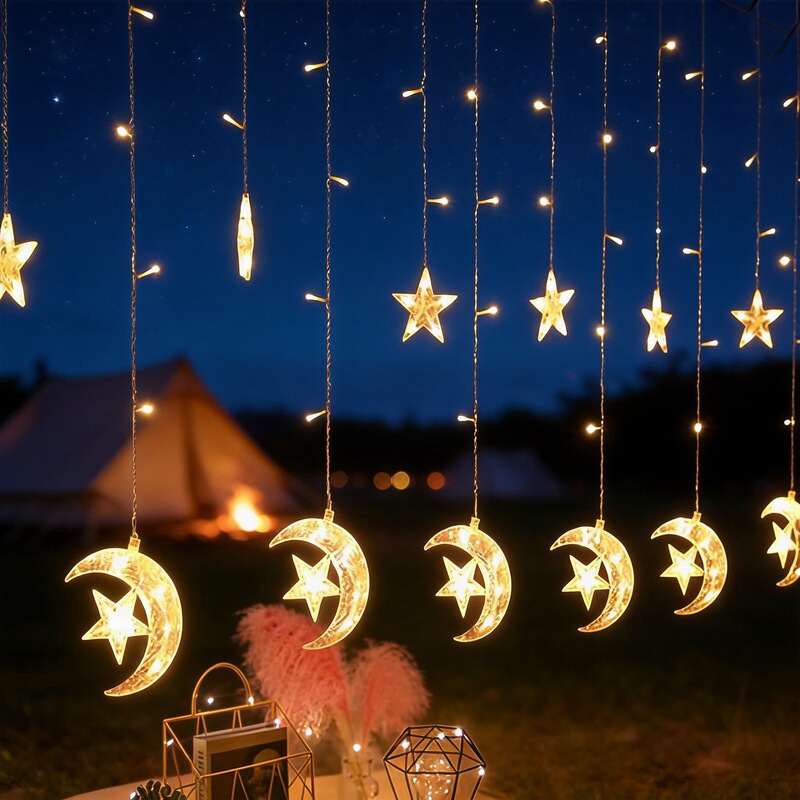 Cross-Border Star and Moon Curtain Lights Christmas Light String Samsung March Atmosphere Light Outdoor Camping Wedding Decoration Arrangement Light String