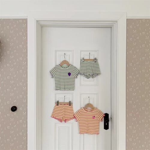 Korean style infant and toddler striped fungus set with grape fruit round neck for walking, comfortable and versatile two-piece set