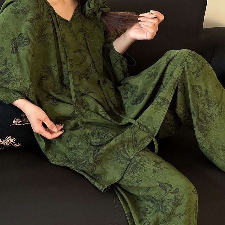 棉绸睡衣家居服慵懒国风睡衣女夏季圆领空调服百搭|undefined