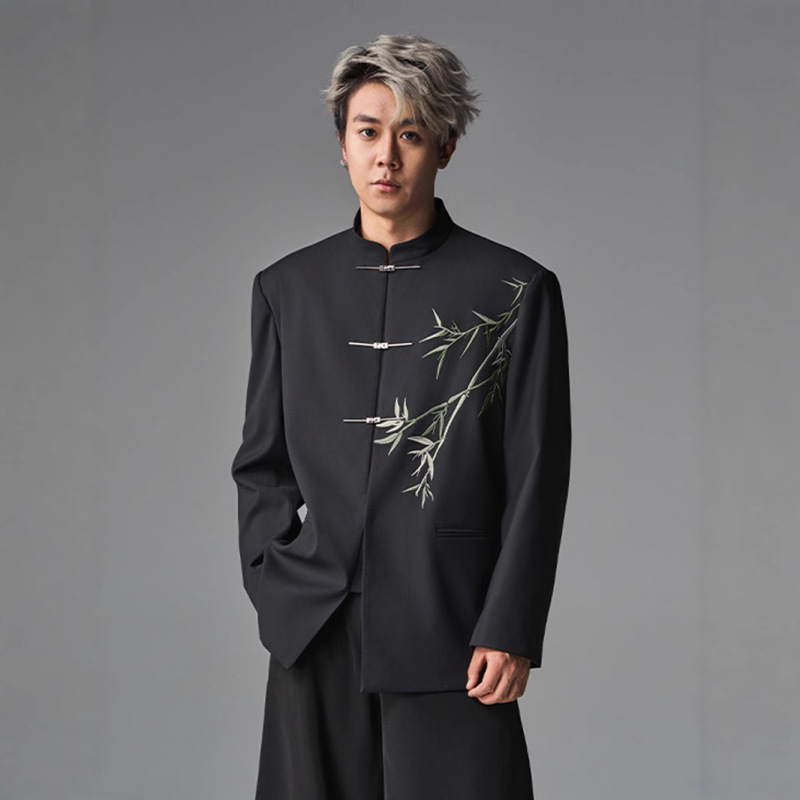 Chinese Style New Chinese-Style Bamboo Embroidery Jacket with Airplane Buttons, Stand Collar, Turtleneck Suit, Wedding Men's Shoulder Pad Suit, Trendy Chinese Style New Chinese-Style Bamboo Embroidery Jacket with Airplane Buttons, Stand Collar, Turtleneck Suit, Wedding Men's Shoulder Pad Suit, Trendy