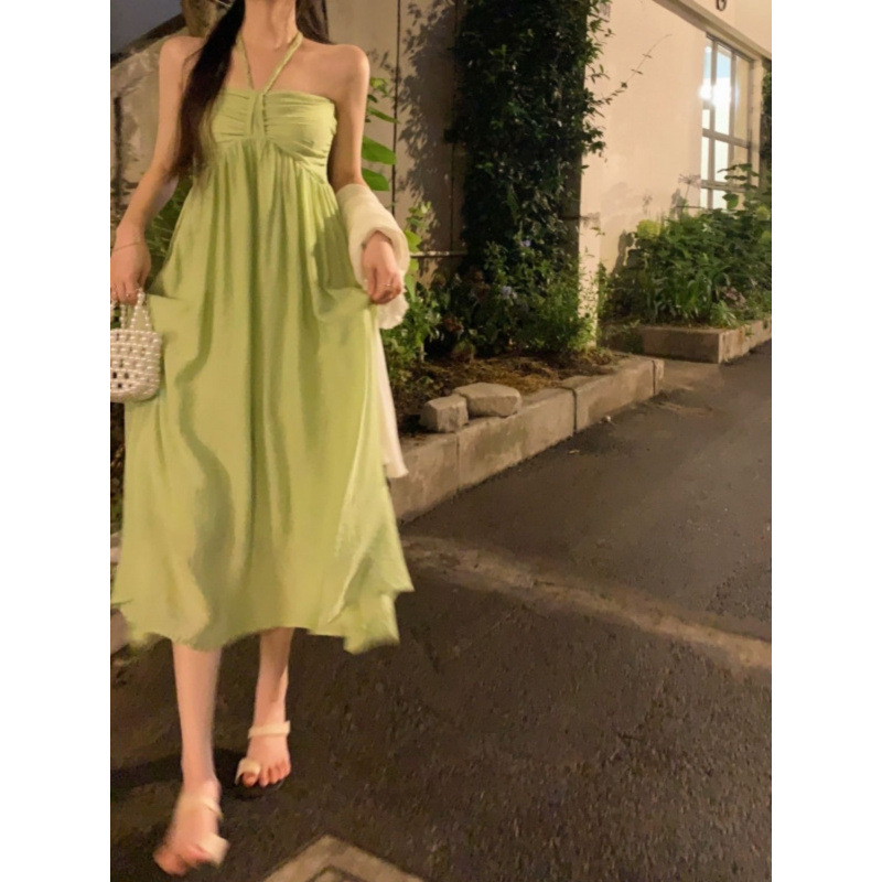 해변 의상, 휴가용 비치 롱 드레스, 여성용 여름용 작은 그린 홀터넥 서스펜더 드레스