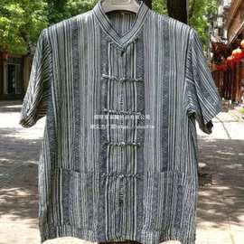 新款民族风条纹上衣 复古盘扣宽松休闲少数民族特色性男款衬衫