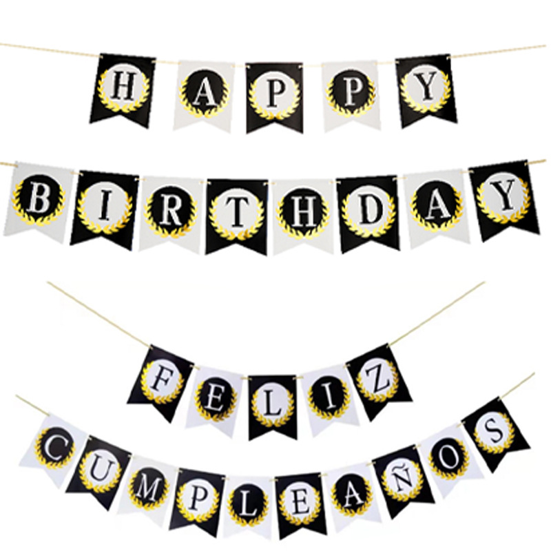 Bandera "Feliz Cumpleaños" blanco y negro