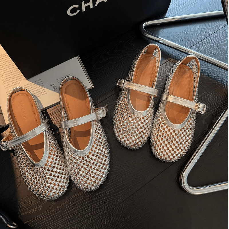 Hollow Fishnet Crochet One-Line Slippers for Women 2025 New Round-Toe Flats Ballet Shoes Braided Mary Jane