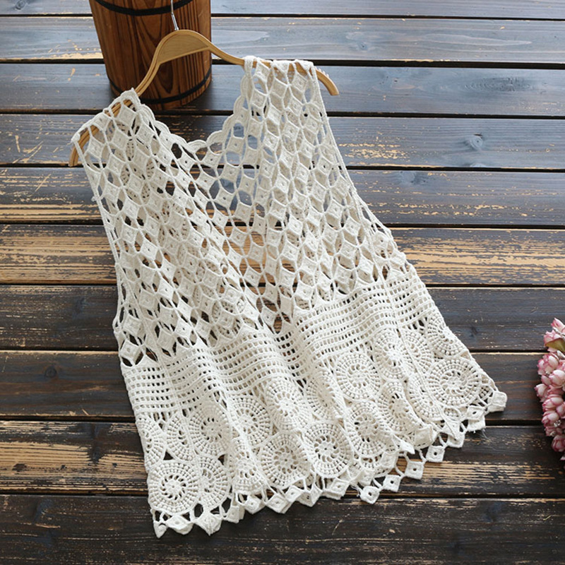 Korean Style Summer New V Neck Small Crocheted Cut Out Tassel Vest Knitted Vest Waistcoat Short Cardigan for Women