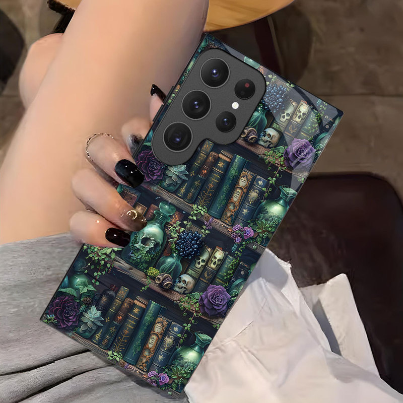 Cross-Border Hot-Selling Skull-Shaped Bookshelf-Style Samsung S23Fe Premium Glass Case Galaxy S25 Full-Cover Precision Hole Protective Case