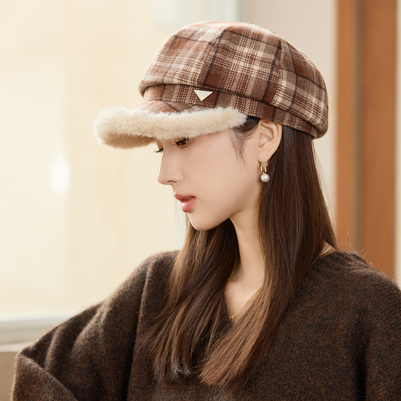 秋冬季帽子女气质复古格子条纹八角帽经典百搭毛绒保暖加厚画家帽|undefined