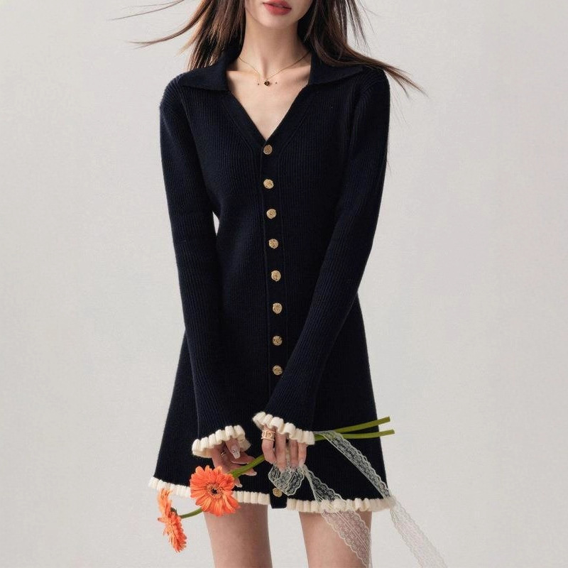 Cross-Border Southeast Asia New Style V-Neck Long-Sleeve Knitted Dress Autumn and Winter Women's Ruffled Sweater Dress