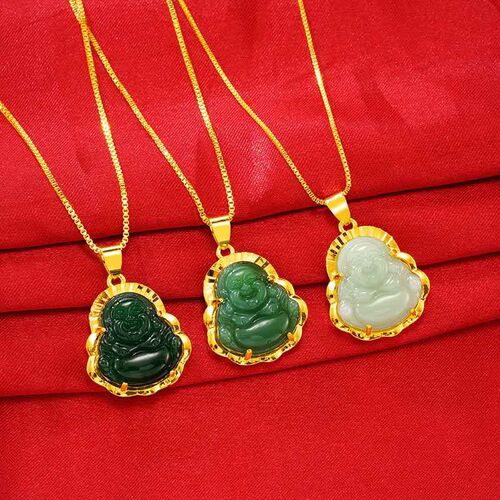 Vietnamese sand gold Maitreya Buddha chalcedony jade pendant necklace brass gold-plated Hetian jade gold inlaid jade female pendant live supply