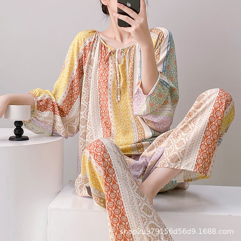 綿シルクパジャマ女性の夏の長袖クール肌に優しい通気性綿シルクホーム服空調服スーツ春と秋の薄いスタイル|undefined