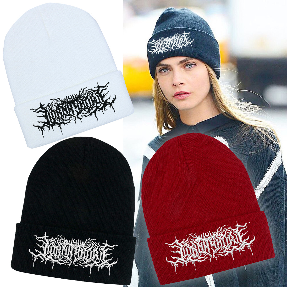 Gorro de punto con banda bordada, gorro de lana para hombre y mujer, gorro Doudou cálido para ciclismo de otoño e invierno_voghion.com