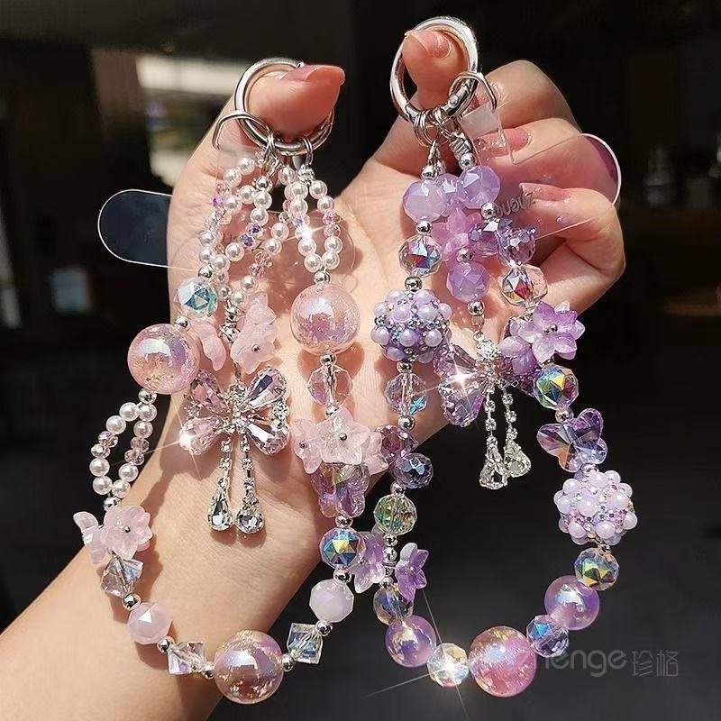 高级感粉紫蝴蝶结串珠挂件轻奢小众气质高颜值包挂手机挂绳挂饰|undefined