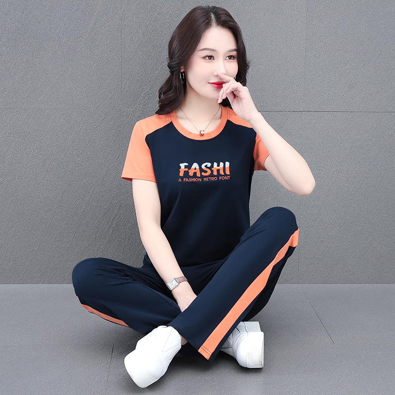 Pure Cotton Casual Sports Suit for Women, Summer Loose and Fashionable Running Suit, Middle-Aged Mother's Summer Suit and Trousers Two-Piece Set