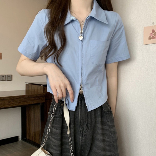 Blue Women's 2025 Summer Collar Double-headed Heart Zipper Design Fashion Fitted Short-sleeve Shirt