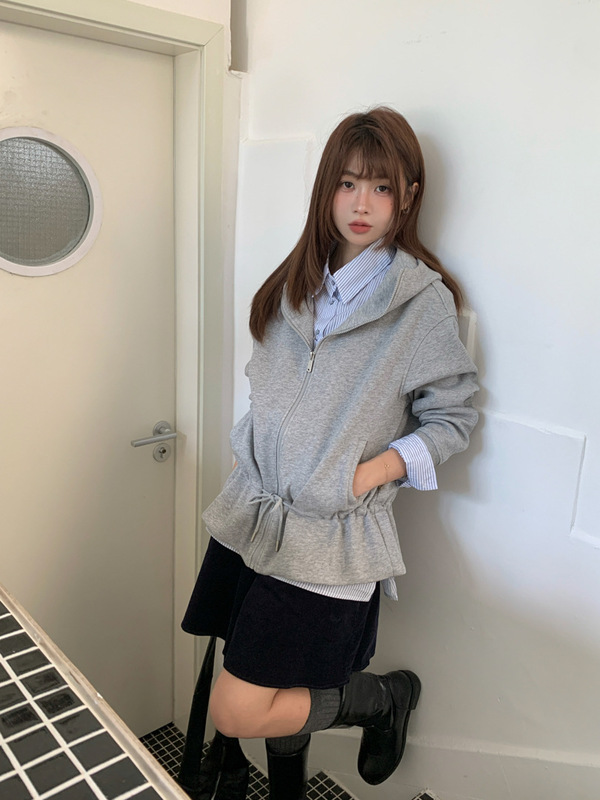 GAGD 减龄松弛感_时髦抽绳收腰宽松卫衣女韩系设计感花苞拉链帽衫|undefined