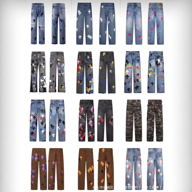 New Trendy Crowe's Cross Leather Label Washed Jeans Couple Street Loose Spring and Autumn Straight Pants for Women