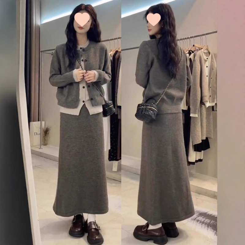 韩系气质穿搭两件套整套针织连衣裙子女2025春秋新款流行毛衣长裙|undefined
