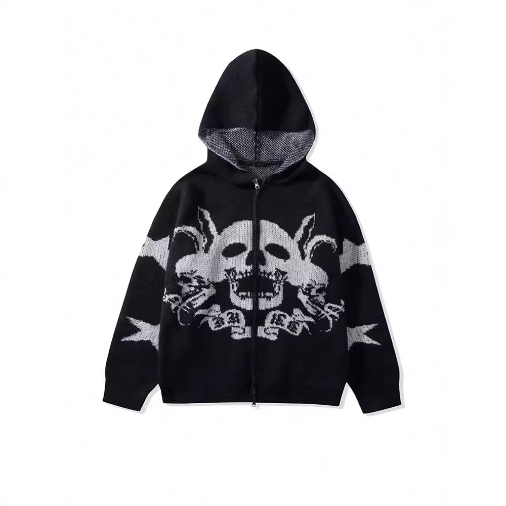 Men's Clothing dark skull jacquard personalized design cardigan zipper loose unisex hooded sweater_voghion.com