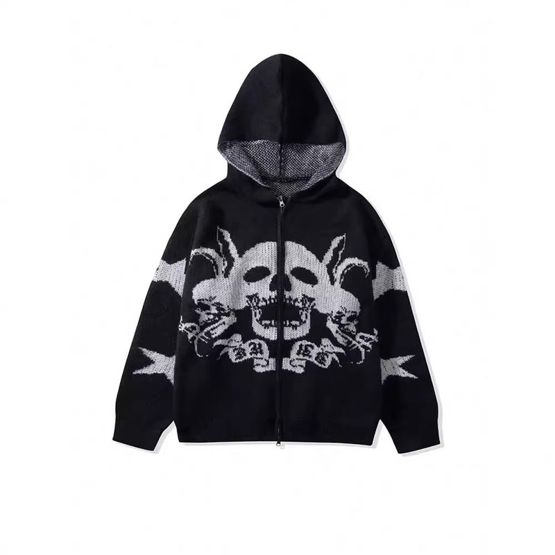 American Style Diablo Skull Jacquard Personality Design Cardigan Zipper Loose Men's and Women's Hooded Sweater American Style Diablo Skull Jacquard Personality Design Cardigan Zipper Loose Men's and Women's Hooded Sweater