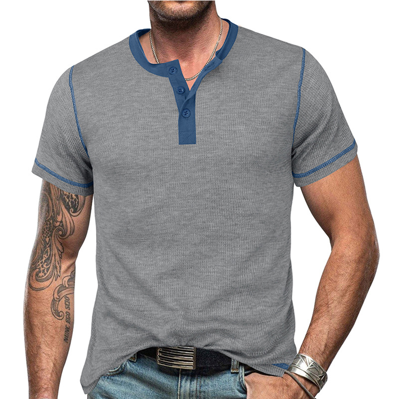 Herren 2023 Sommer Kurzarm Henley Shirt Schönes lässiges Retro T-Shirt Waffel Farbblock Rundhalsshirt_voghion.com