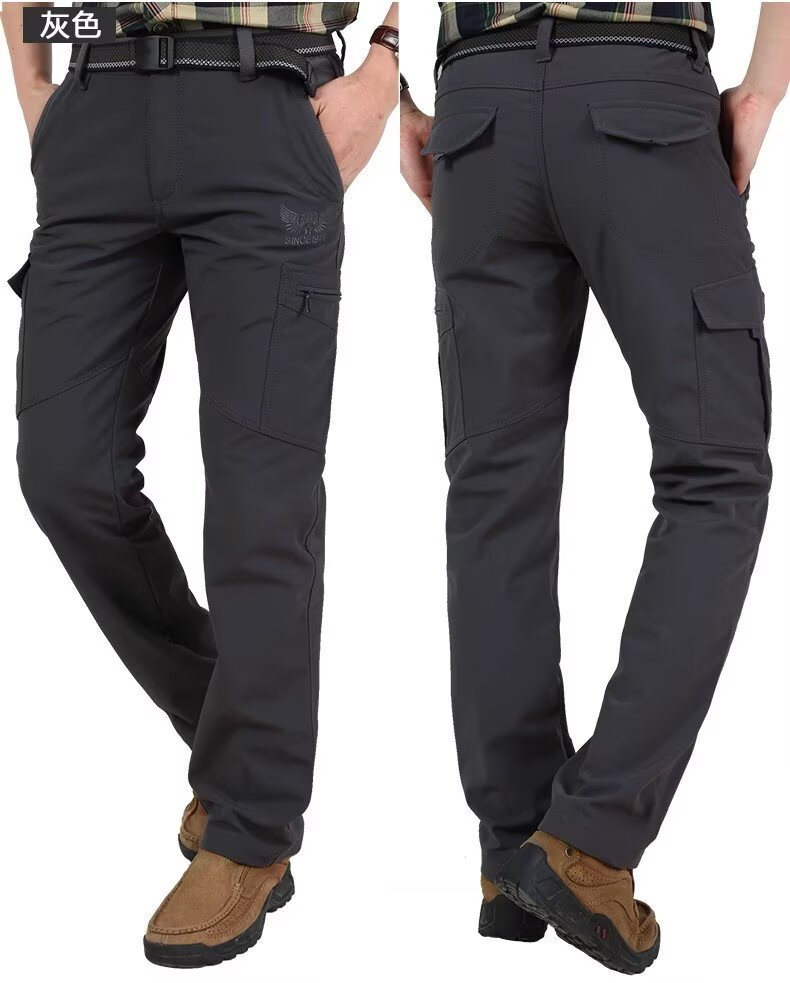 Pantalones de otoño e invierno para hombres, pantalones de asalto de montañismo de hombre con forro polar, impermeable y abrigo pantalones rectos elásticos con múltiples bolsillos nuevos