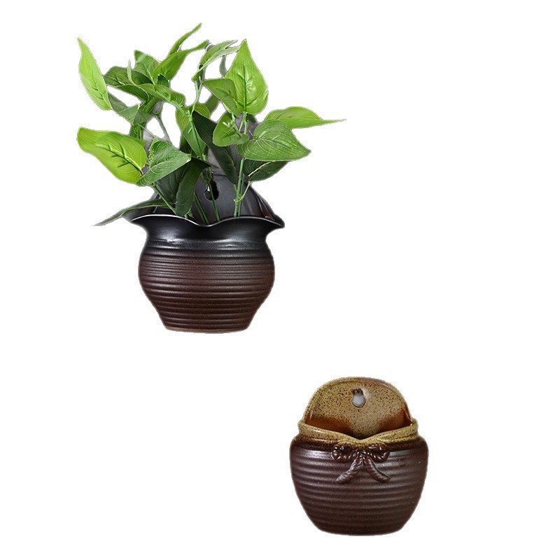 Patio al aire libre montado en la pared retro creativa maceta de eneldo verde cerámica de cerámica de gres para el hogar olla de cerámica carnosa liquidación al por mayor