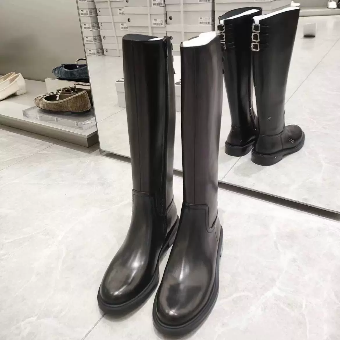 杨幂同款2025新款秋冬真皮厚底骑士靴女粗跟圆头高筒靴不过膝长靴