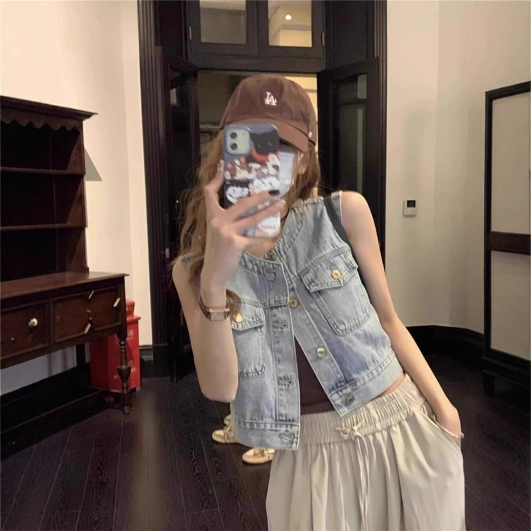Retro Denim Vest Vest Jacket Women's Summer Outer Wear Thin Design Niche Sleeveless Waistcoat Short Top