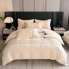 2025新款牛奶绒雕花简约床单被套跨境加厚拼接四件套金枝玉叶