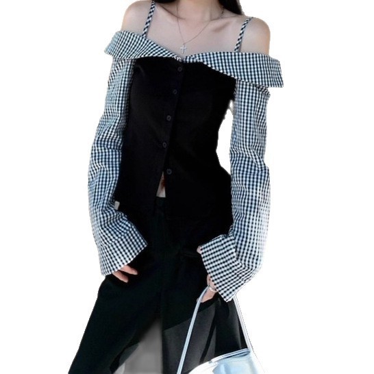 假两件露肩格子设计感长袖T恤阔腿休闲裤女2025秋季新款时尚套装|undefined