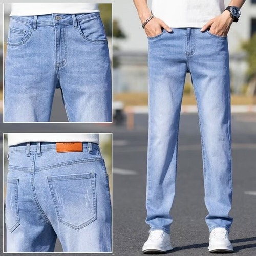 Selected Men's Straight Leg Stretch Jeans - Spring and Summer Casual Long Pants - Washed
