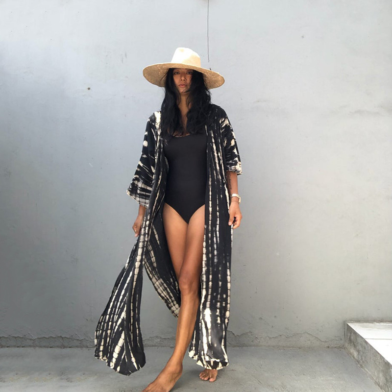 Rayon Water Print Bikini Cover up Loose Dress Sexy Cardigan Beach Sun Protection Shirt European American Style Women's Clothing Swimwear_ecoleips.com