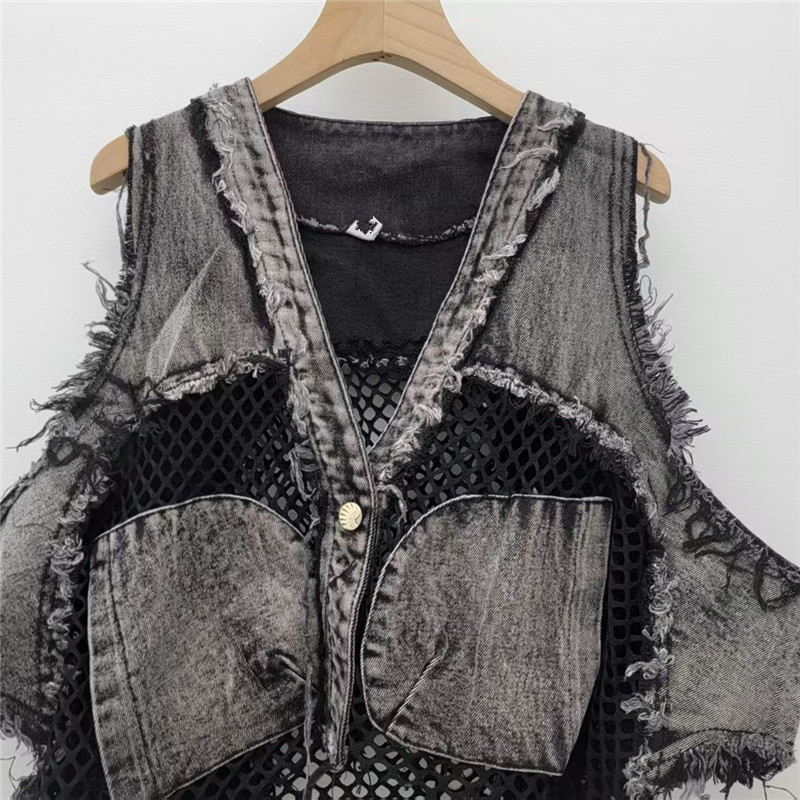 Placa de malla de cuello V chaleco de vaquero de verano de mujeres europeas fritas calles de moda de borde suelto corto sin mangas chaqueta de clip