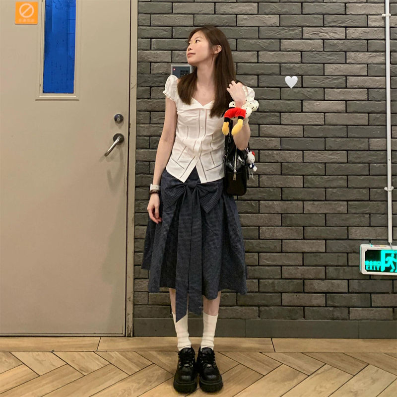 韓国風甘辛通勤スタイルスリムパフスリーブシャツ+ハイウエストリボンルーズスカートツーピーススーツ女性用|undefined