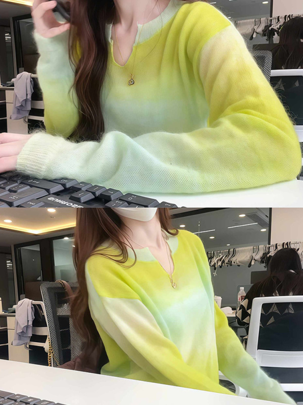 草绿色渐变针织衫T恤女2025夏日莫兰迪色穿搭多巴胺独特绝美上衣|undefined