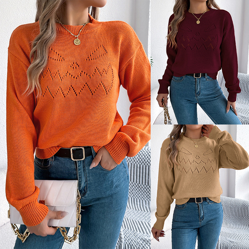 Real Shot of 2026 European and American Style Solid Color Hollow-Out Lantern Long-Sleeve Pullover Sweater for Halloween Amazon Cross-Border Women's Clothing