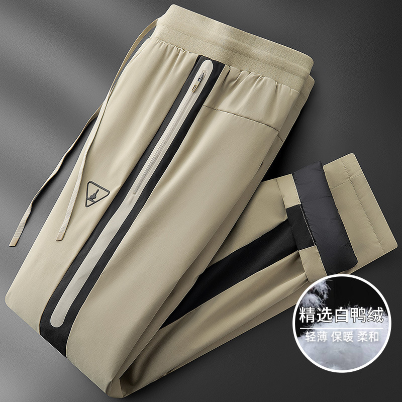 Men's winter white duck down color-blocked down pants, waterproof, straight-leg, warm, and casual.