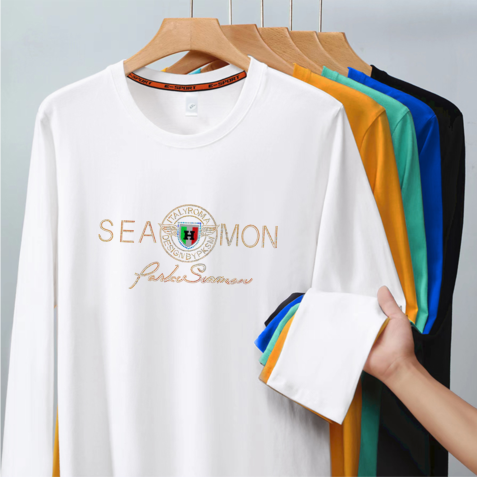 European Brand Fashion Rhinestone Long Sleeve T-Shirt for Men Round Neck Shirt Spring Autumn Bottoming Shirt Comfortable Cotton T Shirt Men's Top_voghion.com