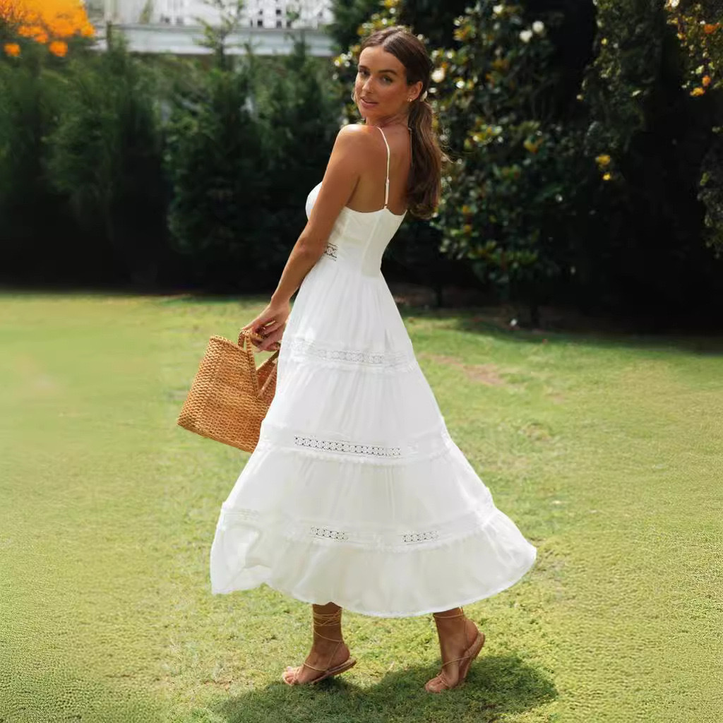 2024 Independent Store New Women's Bohemian Style Strap Dress With Lace Trim And Large Hem_ecoleips.com