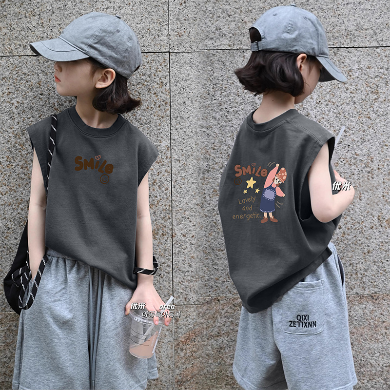 Girls' Pure Cotton Vest, Thin Style, Korean Version for Older Children, Summer New Sleeveless T-Shirt, Retro Casual Base Shirt