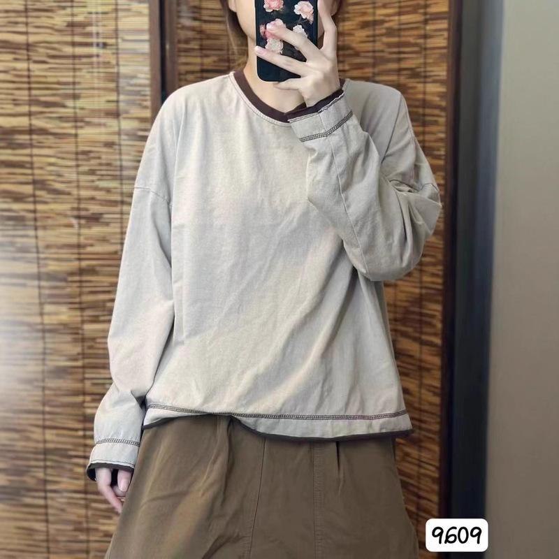 2025 Literary and Simple Contrasting Color Long-Sleeved T-Shirt Retro Round Neck Clean Version Comfortable Slimming Look Versatile Loose Casual Top